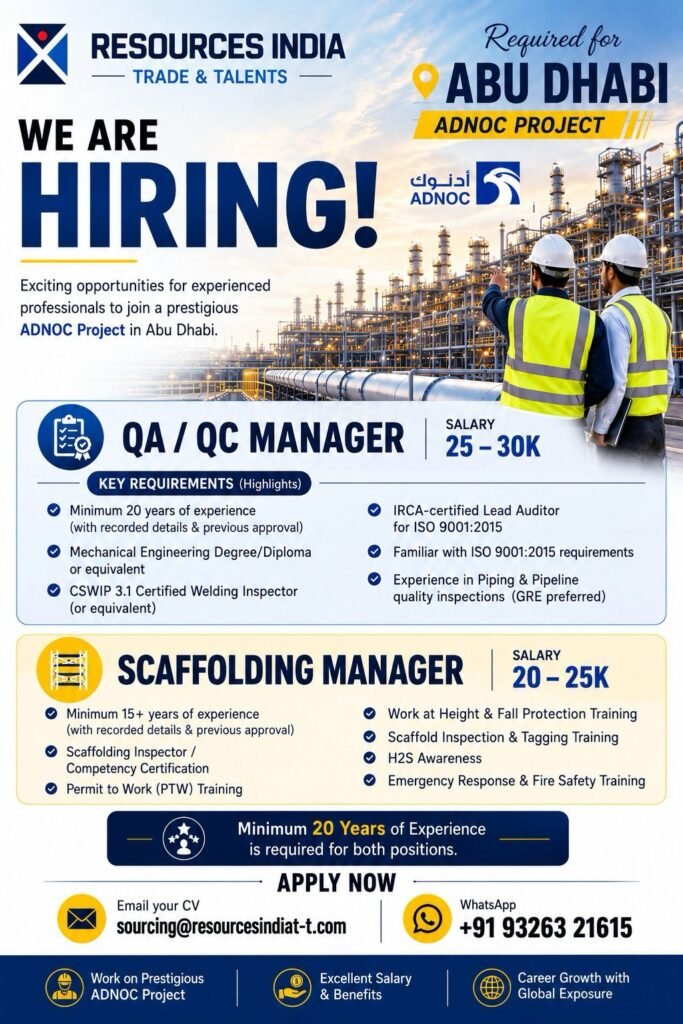 Abu Dhabi Jobs 2026 – QA/QC Manager and Scaffolding Manager Vacancies