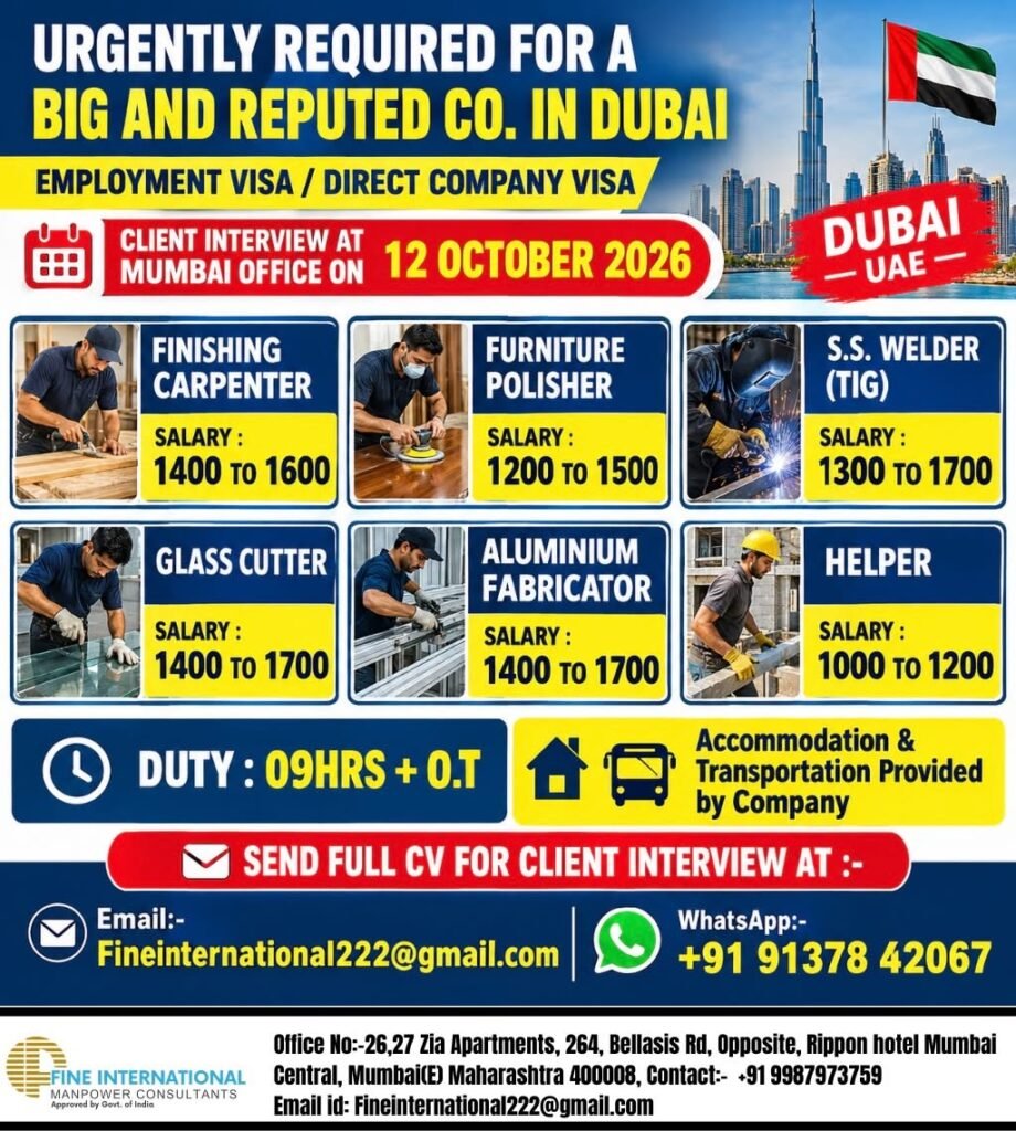 Dubai Jobs 2026 – Recruiting workers for several skilled and semi-skilled positions