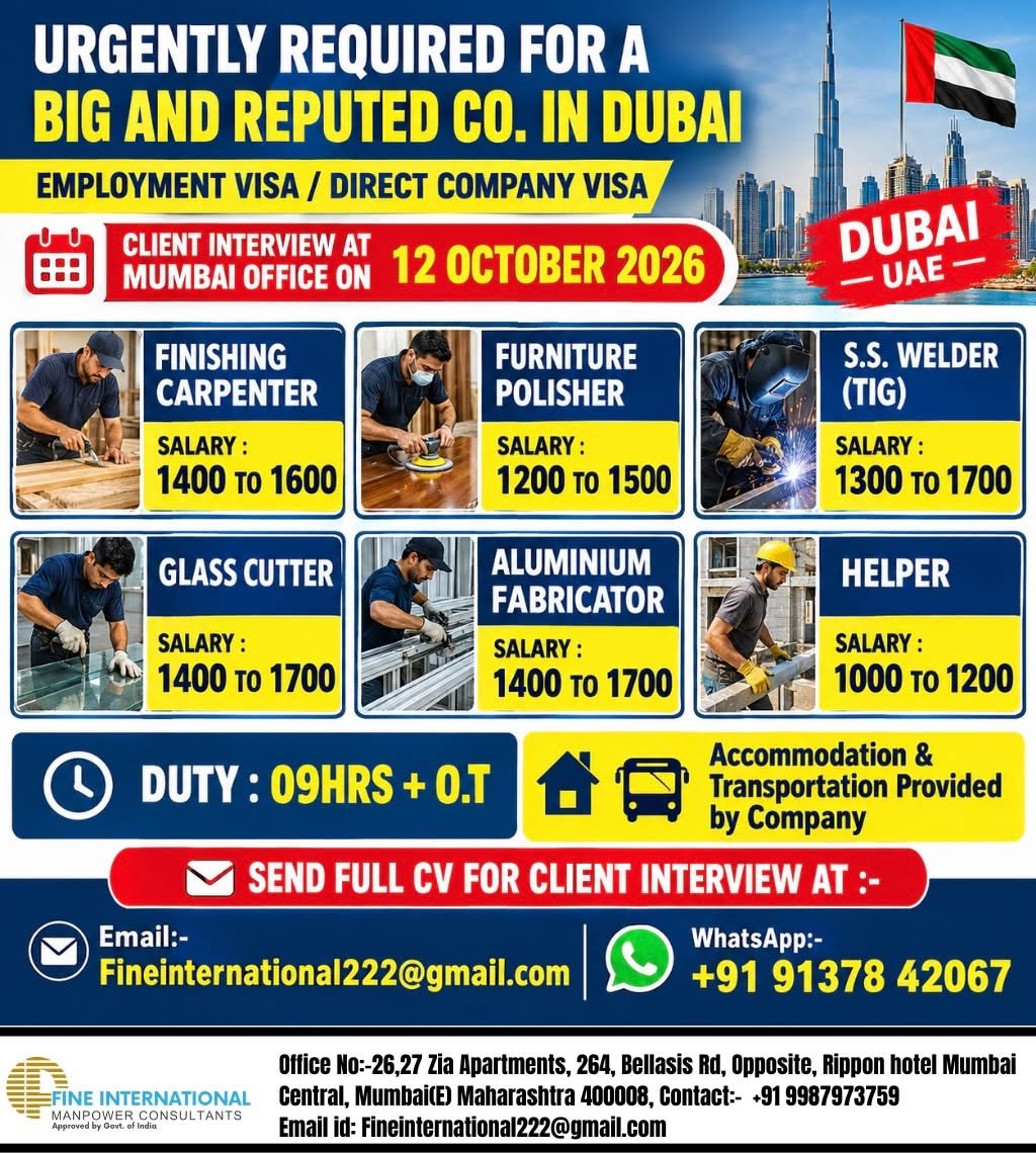 Dubai Jobs 2026 – Recruiting workers for several skilled and semi-skilled positions