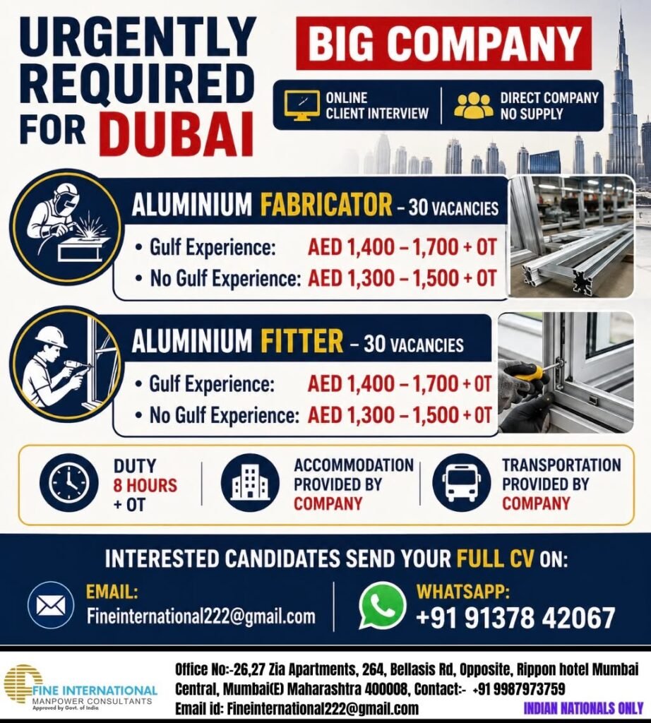 Dubai Jobs 2026: 60 Vacancies for Aluminium Fabricators and Aluminium Fitters