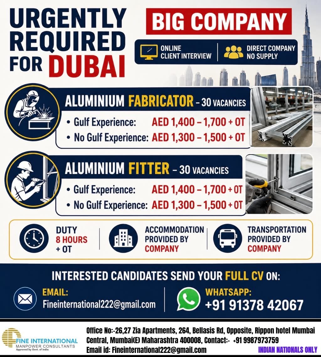 Dubai Jobs 2026: 60 Vacancies for Aluminium Fabricators and Aluminium Fitters