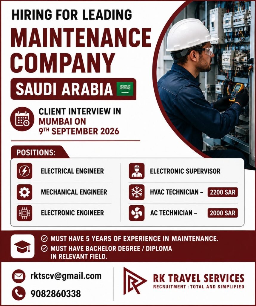 Saudi Arabia Jobs 2026: Maintenance Company Hiring Engineers and Technicians in Riyadh