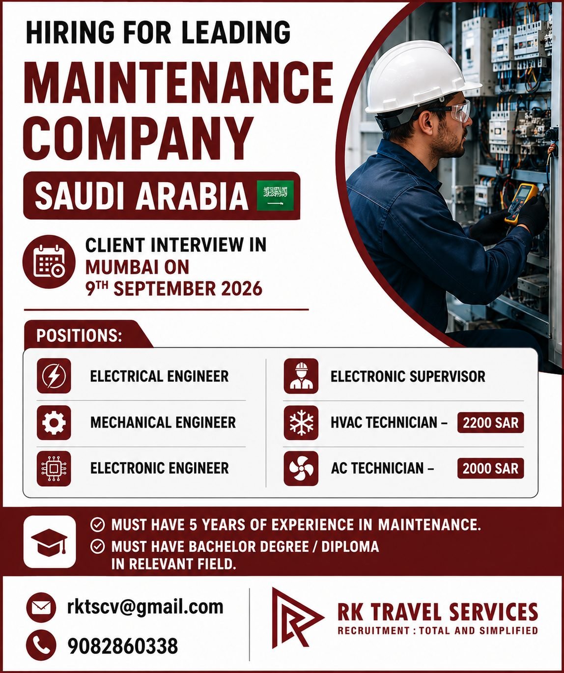 Saudi Arabia Jobs 2026: Maintenance Company Hiring Engineers and Technicians in Riyadh