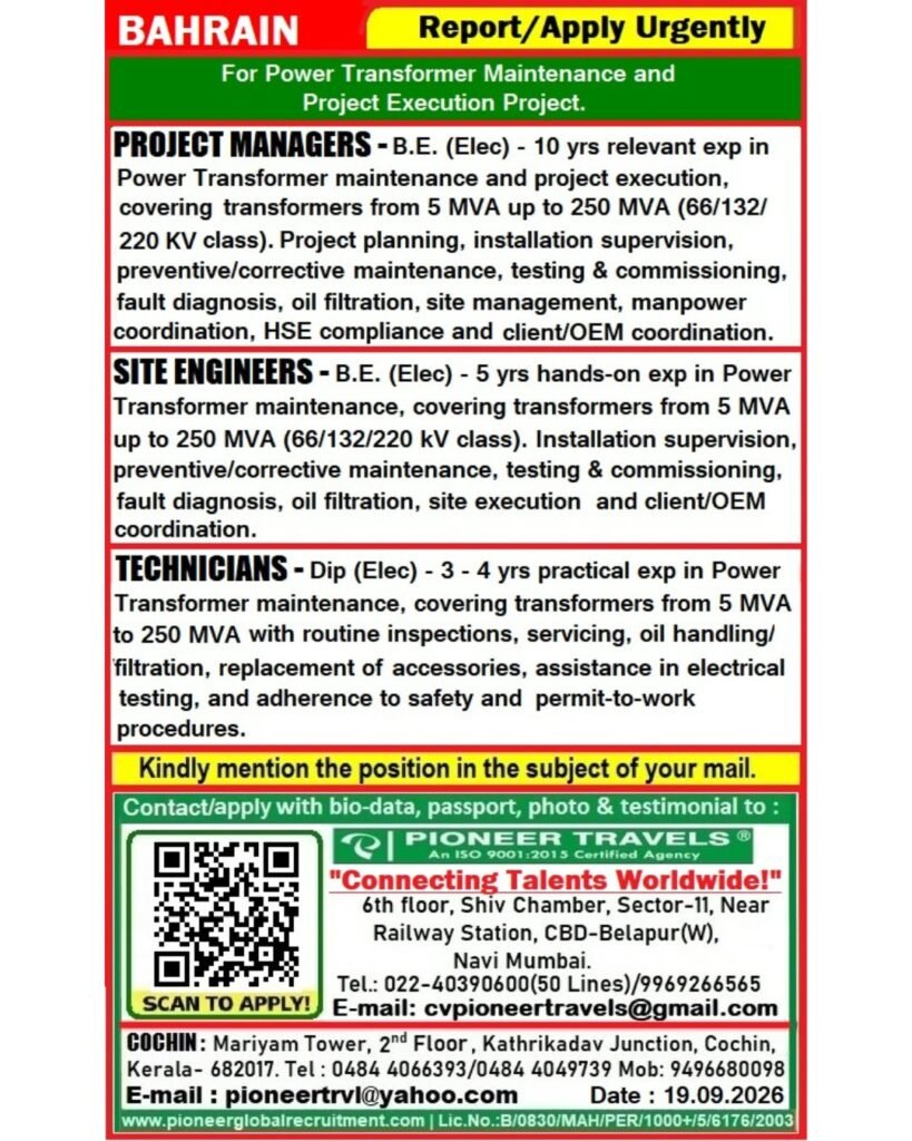 Bahrain Jobs 2026 – Power Transformer Maintenance Vacancies 