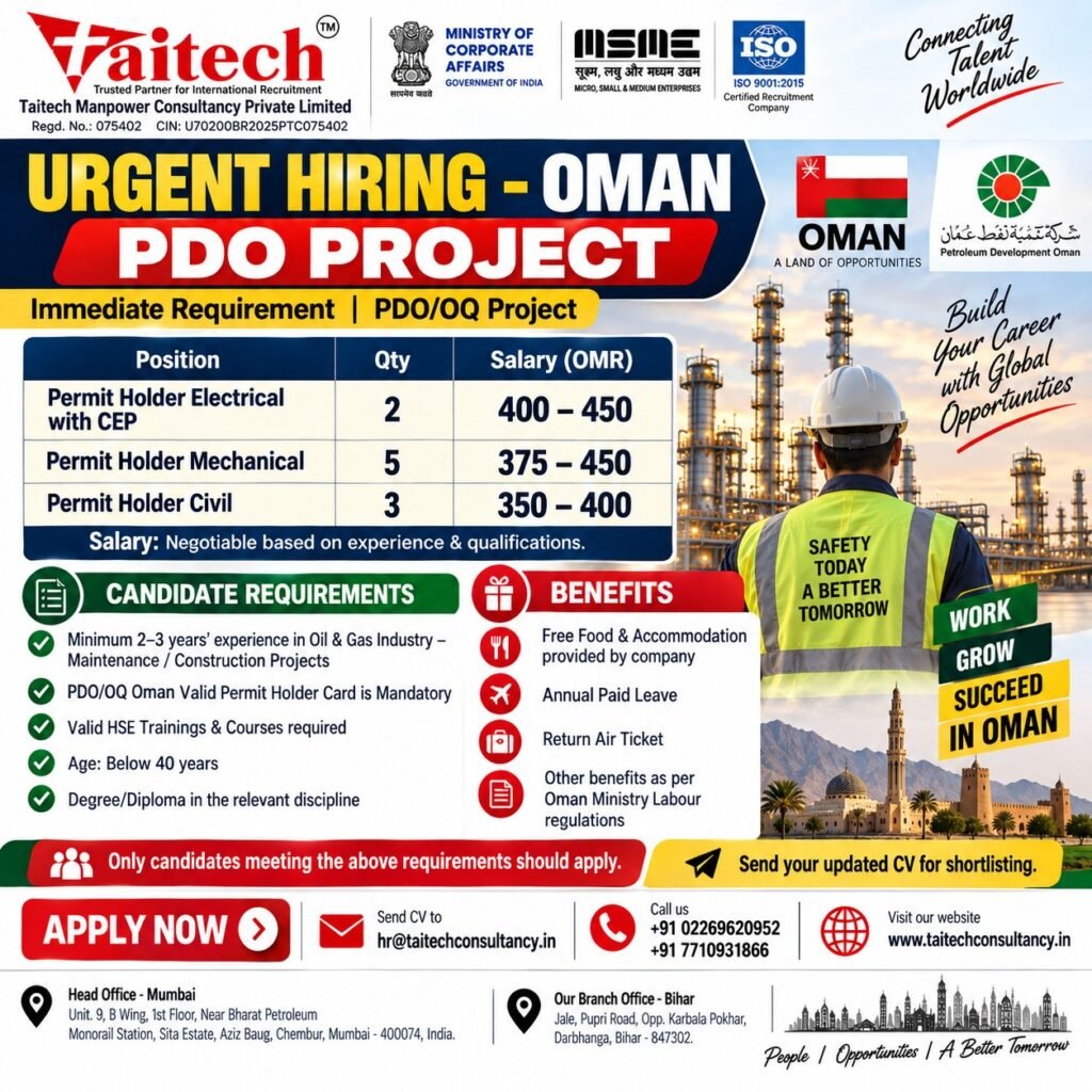 Oman PDO Project Jobs 2026 – Urgent Hiring for Permit Holders