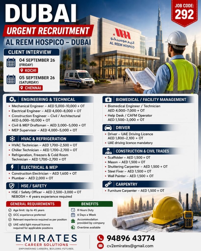 Al Reem Hospico Dubai Jobs 2026: Urgent Recruitment for Engineers, Technicians, Drivers and Civil Trades