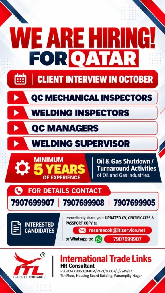 Qatar Jobs 2026 – QC Mechanical Inspectors, Welding Inspectors, QC Managers & Welding Supervisor