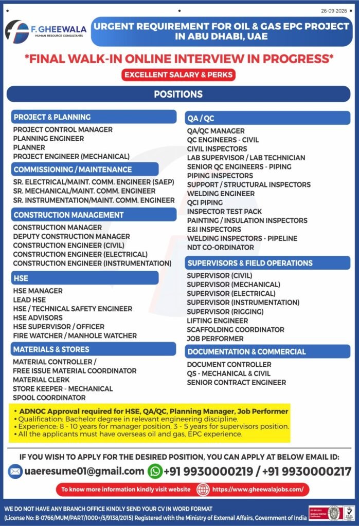 UAE Jobs 2026 – Urgent Recruitment for an Oil & Gas EPC Project