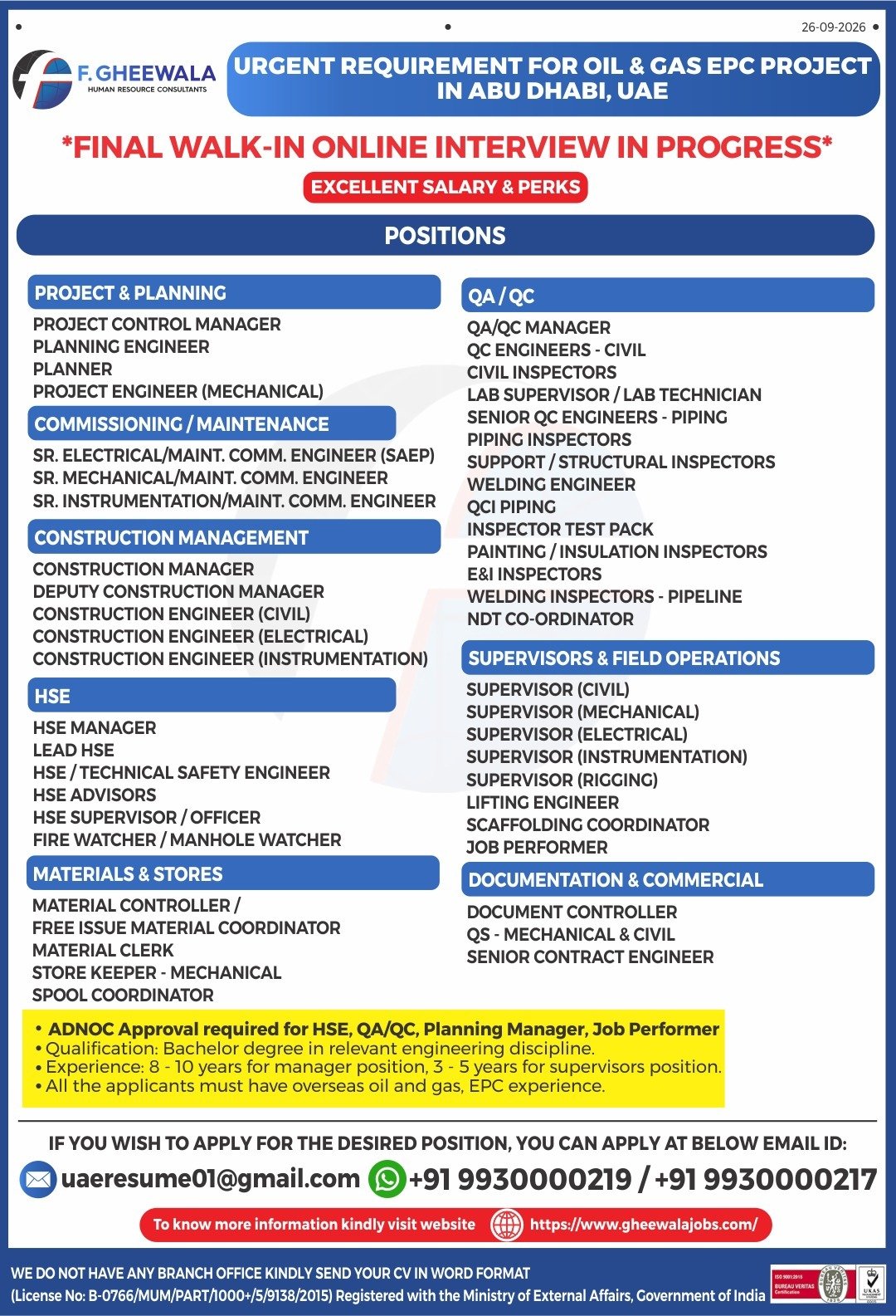 UAE Jobs 2026 – Urgent Recruitment for an Oil & Gas EPC Project
