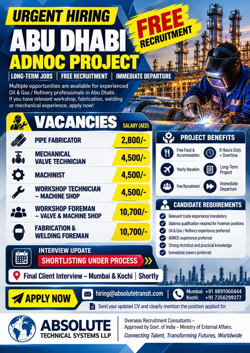 Abu Dhabi Free Recruitment 2026 – Oil & Gas Jobs for Fabricators, Technicians, Machinists and Foremen