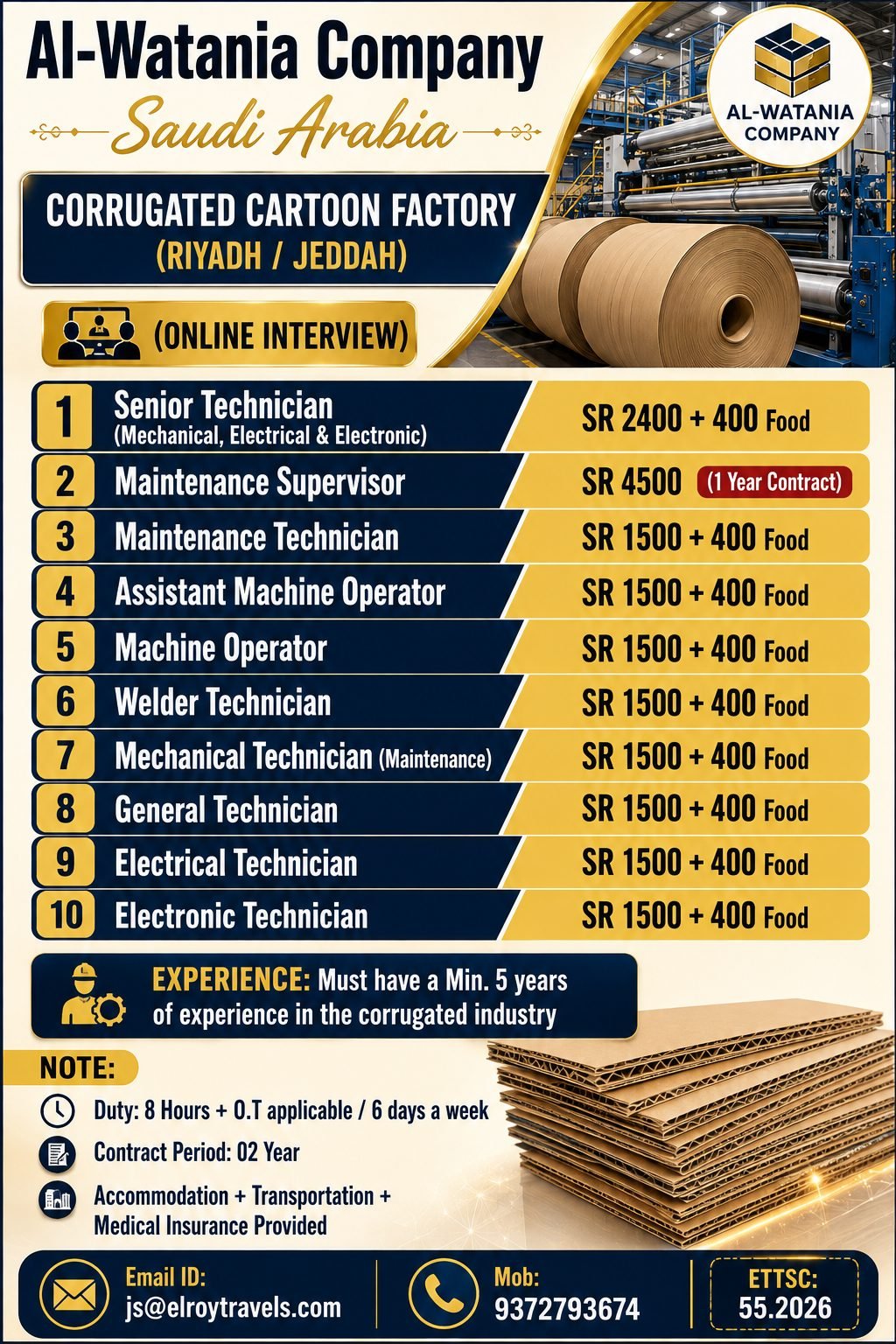 Al-Watania Company Saudi Arabia Jobs 2026: Corrugated Carton Factory Vacancies