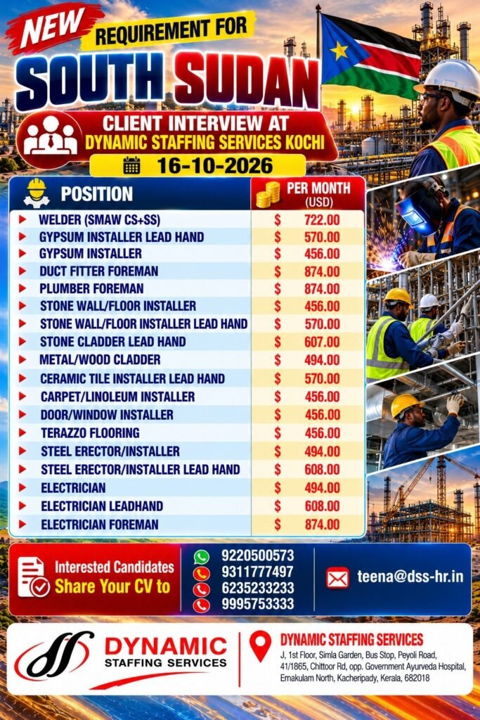 South Sudan Jobs 2026: Urgent Recruitment for multiple skilled construction and industrial Project