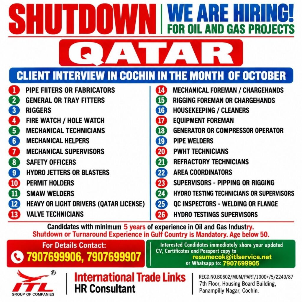 Qatar Oil and Gas Jobs 2026: 26 Vacancies for Shutdown and Turnaround Projects