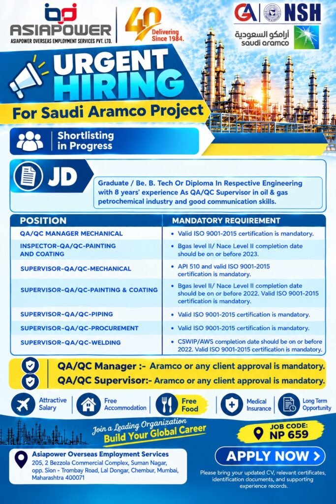 Saudi Arabia job vacancies 2026 – Hiring for Saudi Aramco project