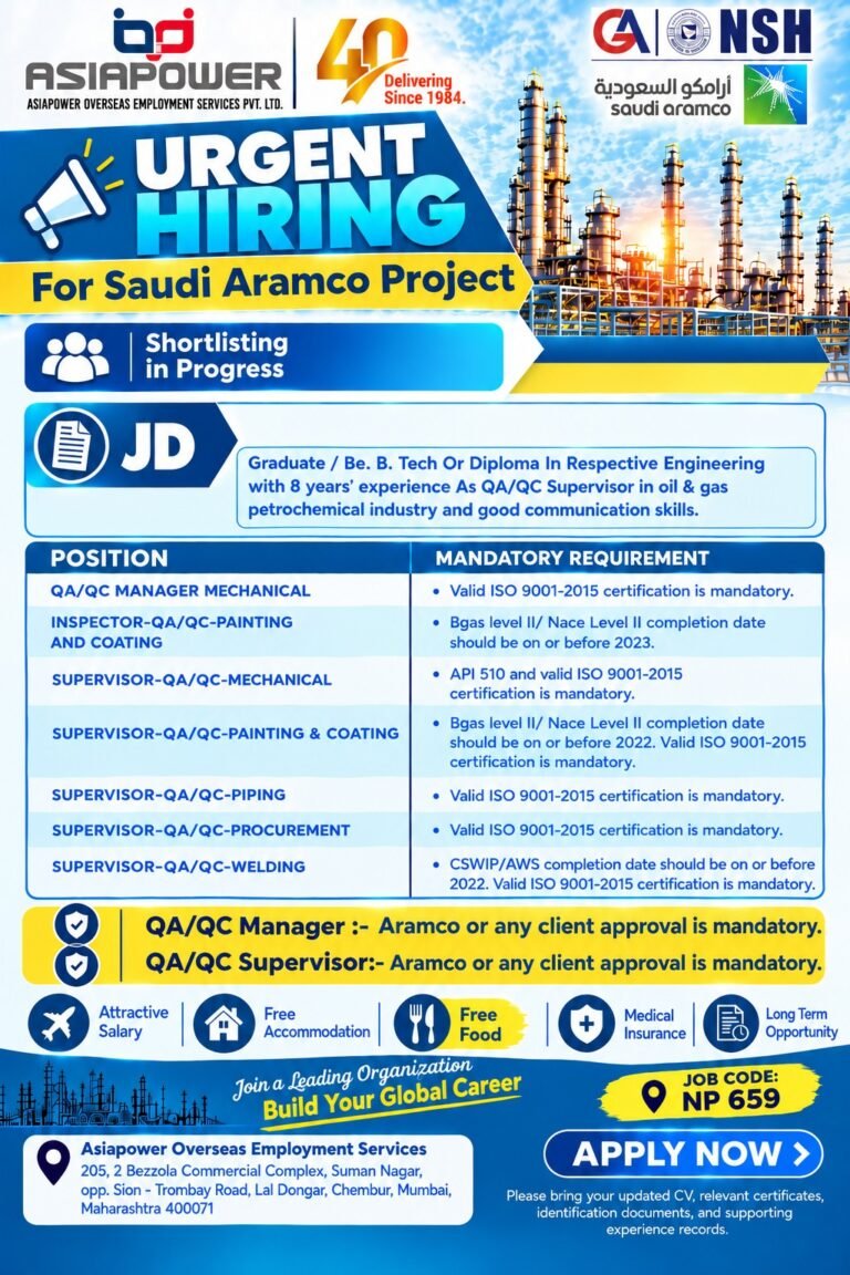 Saudi Arabia job vacancies 2026 – Hiring for Saudi Aramco project