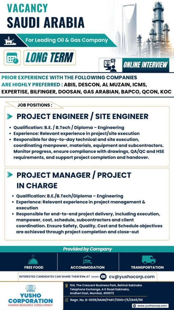 Job Opportunity in Saudi Arabia - Oil & Gas Company