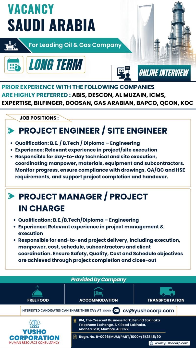 Job Opportunity in Saudi Arabia - Oil & Gas Company