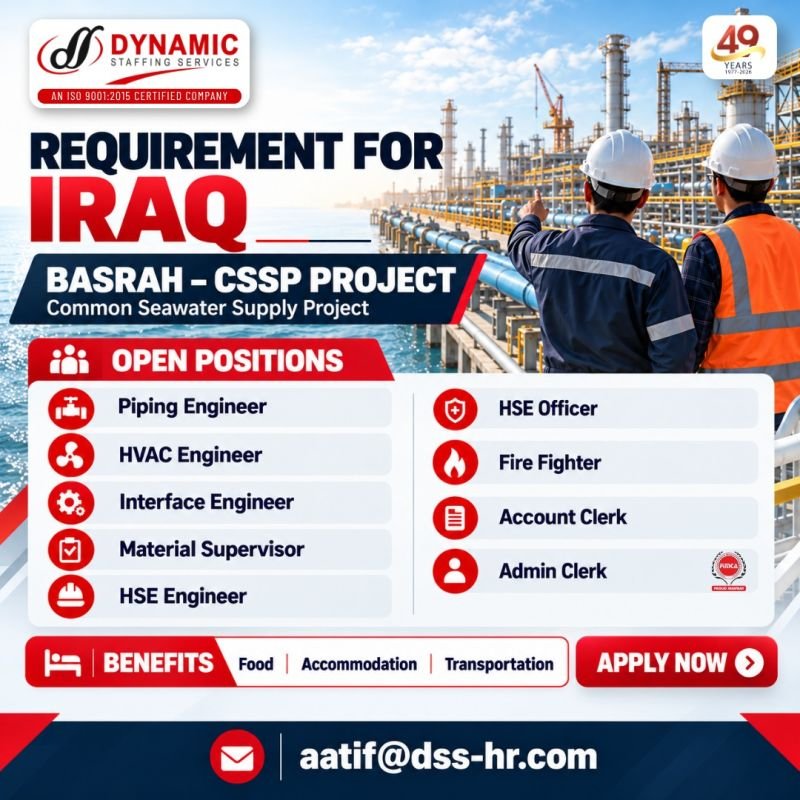 Iraq Jobs 2026 – Basrah CSSP Project Recruitment | Engineers, HSE and Admin Vacancies
