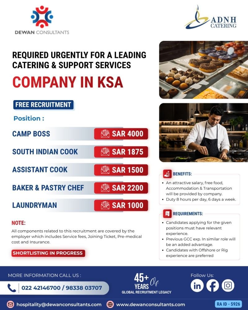 Saudi Arabia : Recruiting for a leading catering and support services company Saudi Arabia : Recruiting for a leading catering and support services company