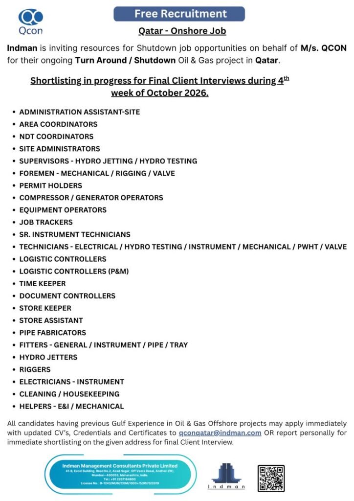 QCON Jobs Qatar - Hiring For Turn Around / Shutdown Oil & Gas project