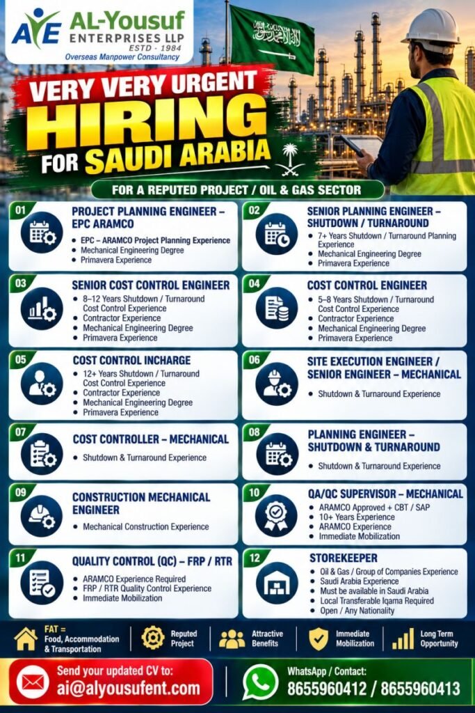 Hiring for Saudi Arabia Oil & Gas projects