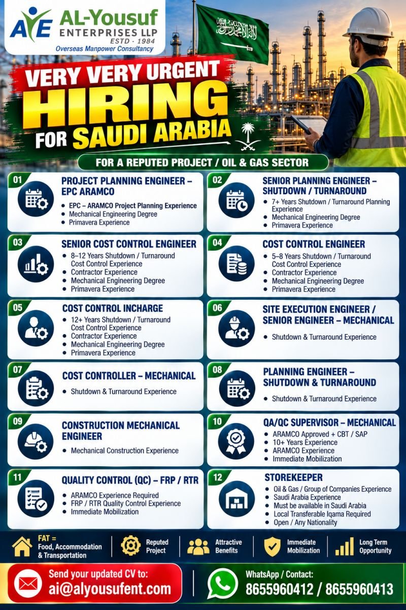 Hiring for Saudi Arabia Oil & Gas projects