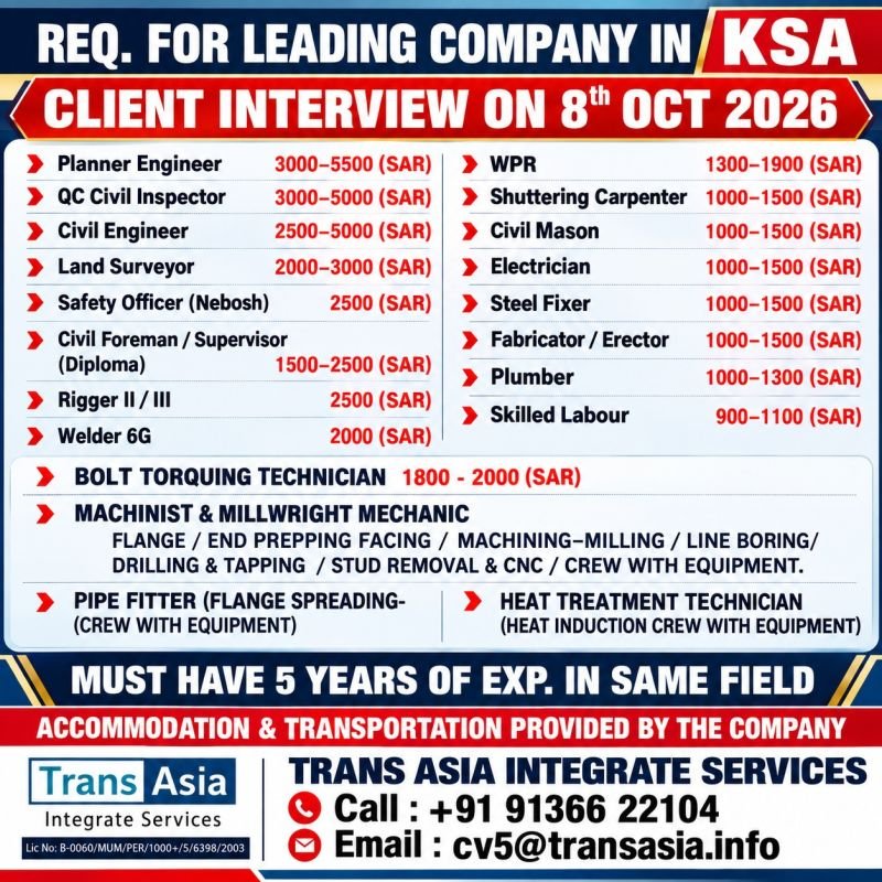 Hiring for a leading company in Saudi Arabia (KSA)