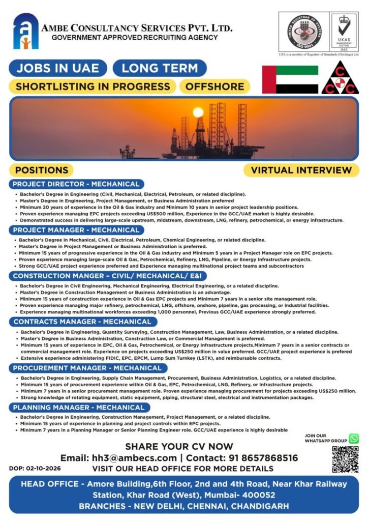 Hiring for a major Oil & Gas EPC project in the UAE