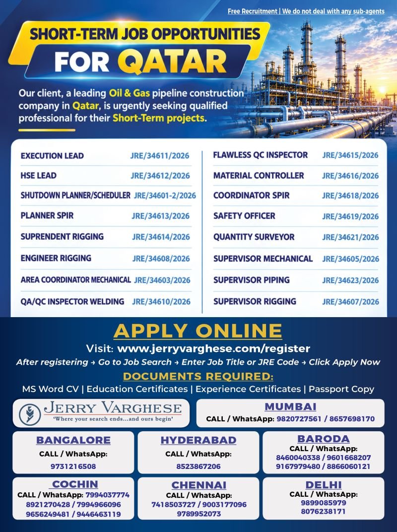 Qatar Jobs : Hiring For a leading Oil & Gas Pipeline Construction Company