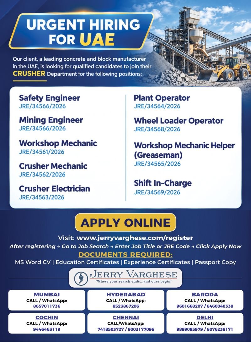 Urgent Hiring for UAE leading Concrete and Block manufacturing company