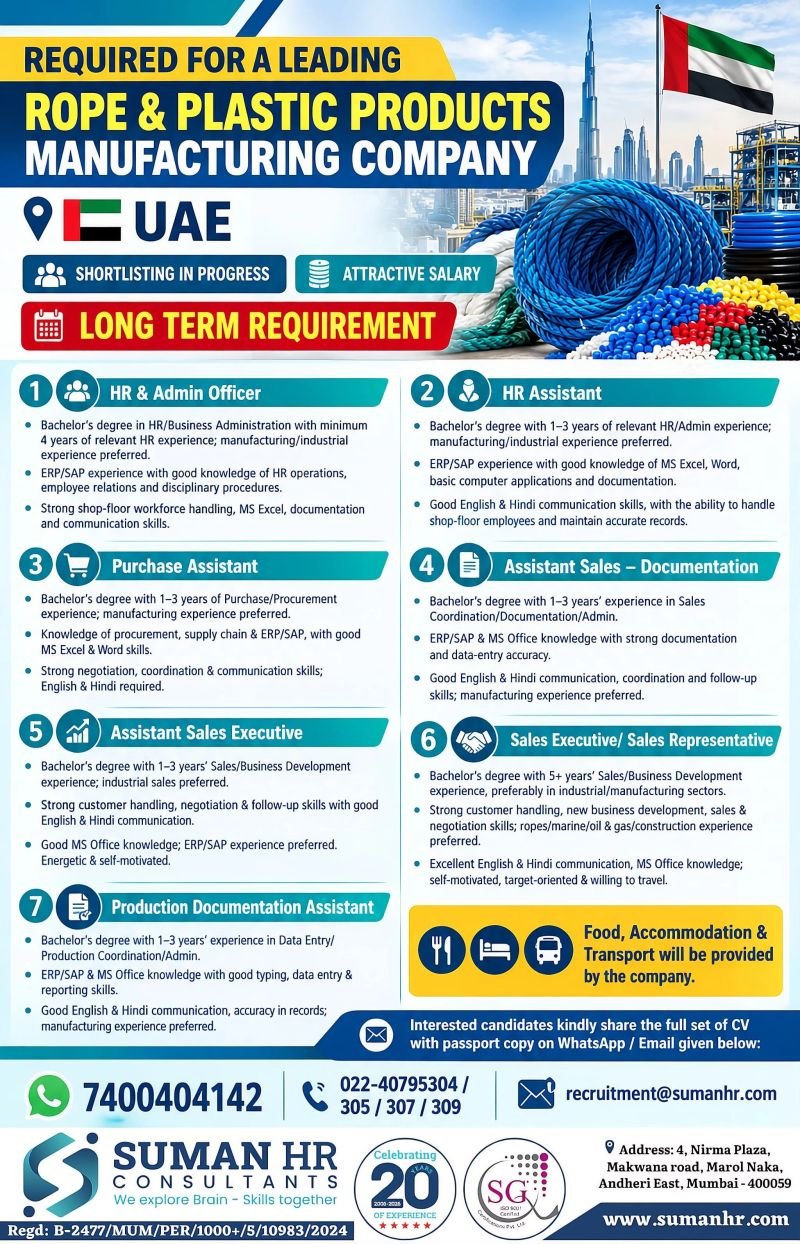 UAE Jobs 2026: Urgent Hiring for A leading rope and plastic products manufacturing company