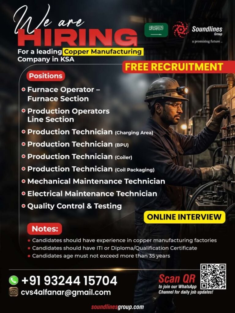 Hiring For a leading Copper Manufacturing Company in Saudi Arabia