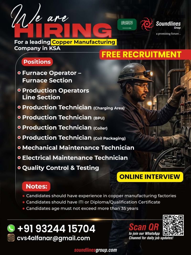 Hiring For a leading Copper Manufacturing Company in Saudi Arabia