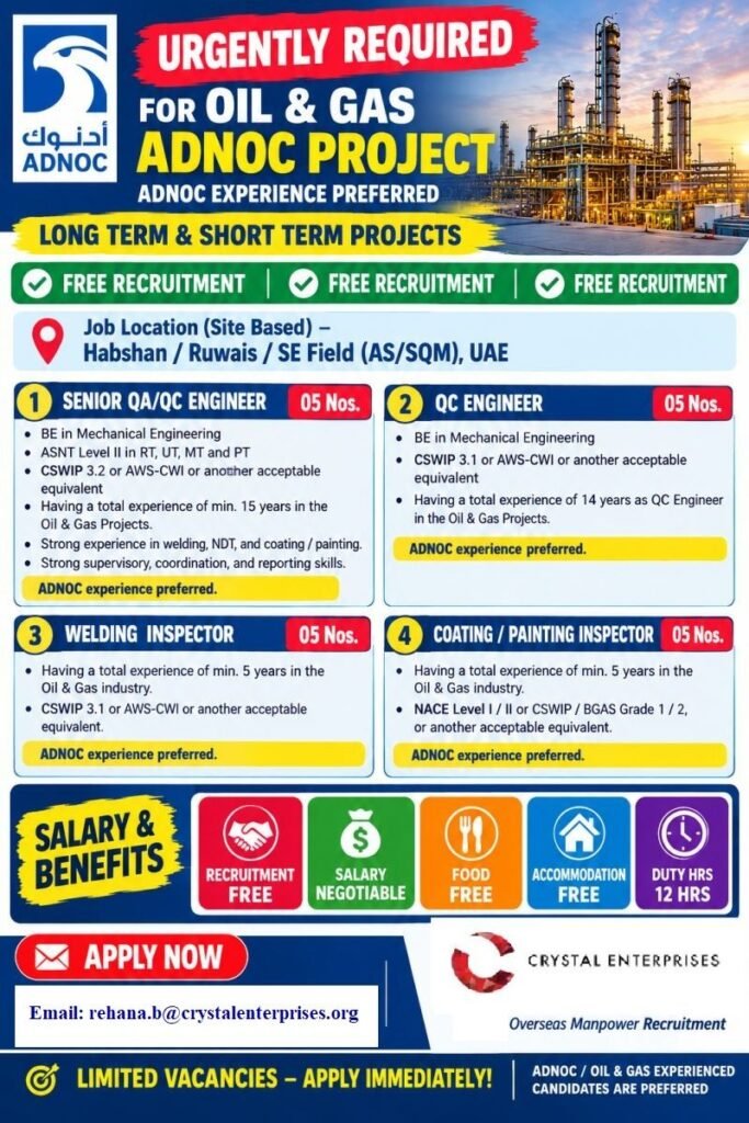 Jobs in UAE 2026 – Hiring oil and gas professionals Jobs in UAE 2026 – Hiring oil and gas professionals