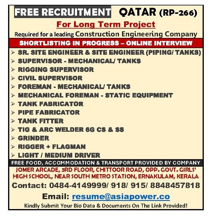 Qatar Jobs 2026 – Free Recruitment for Construction Engineers, Supervisors, Fabricators & Welders