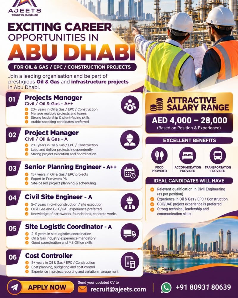 Jobs in UAE : Oil & Gas, EPC and Construction Projects