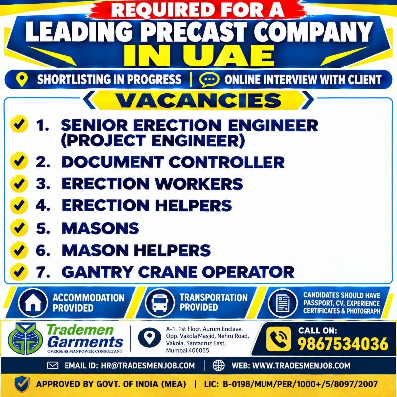 UAE Jobs 2026 – Recruitment For A leading precast company