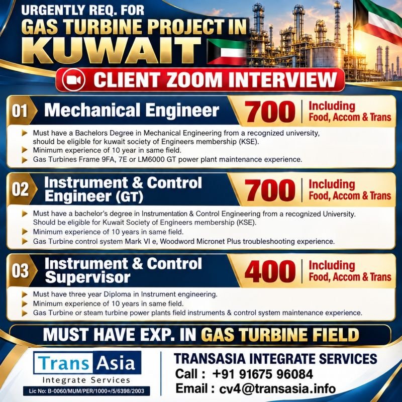 Recruitment for a Gas Turbine Project in Kuwait