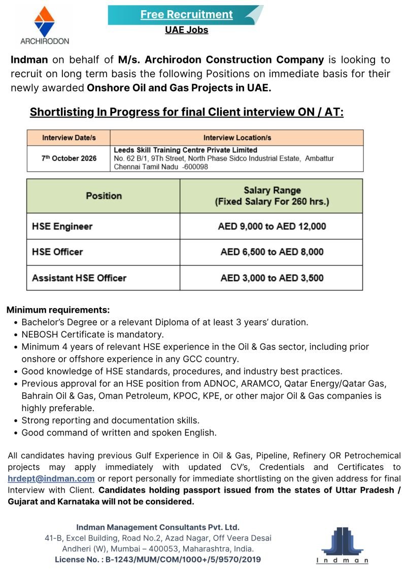 UAE - Free Recruitment for M/s. Archirodon Construction Company