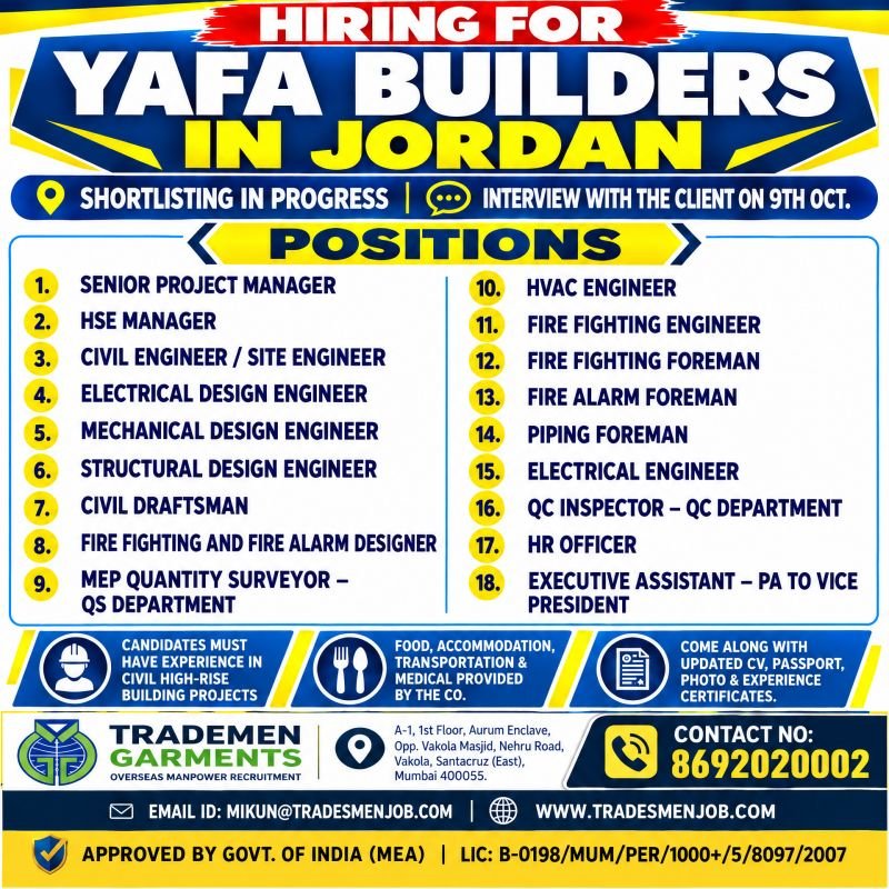 Jordan Jobs 2026 – Yafa Builders Hiring for Engineers, Managers and Construction Professionals