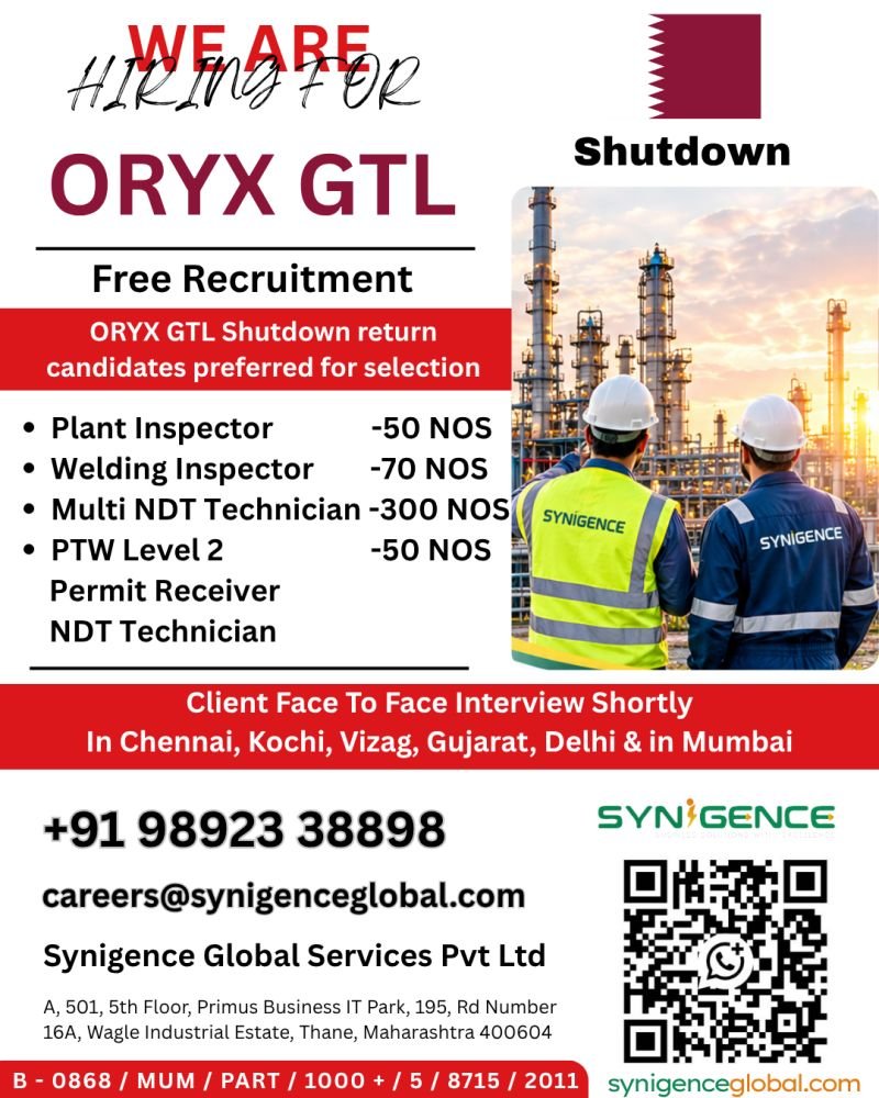 Hiring for Oryx Qatar Shutdown Project | Multiple Positions