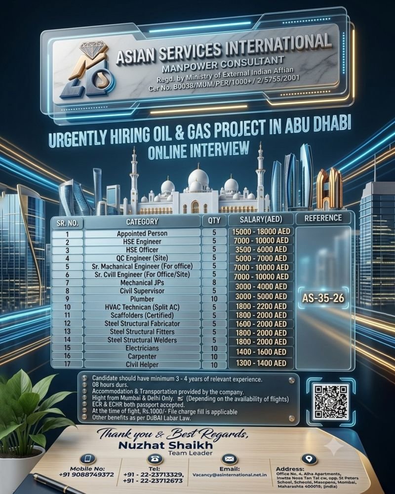 UAE : hiring experienced professionals and skilled manpower for an Oil & Gas Project in Abu Dhabi