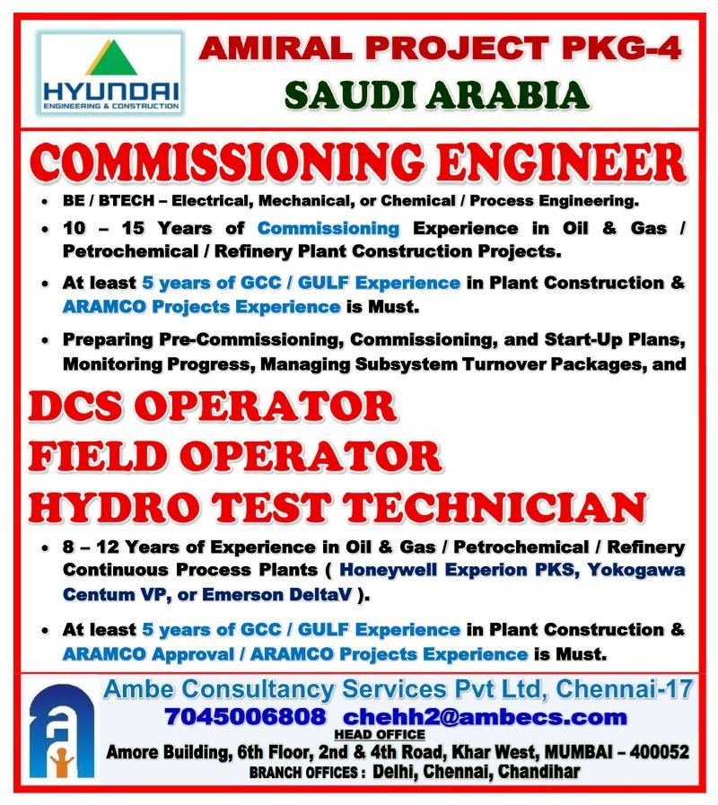 Saudi Arabia Jobs 2026: Hyundai Amiral Project PKG-4 Recruitment for Engineers and Technicians