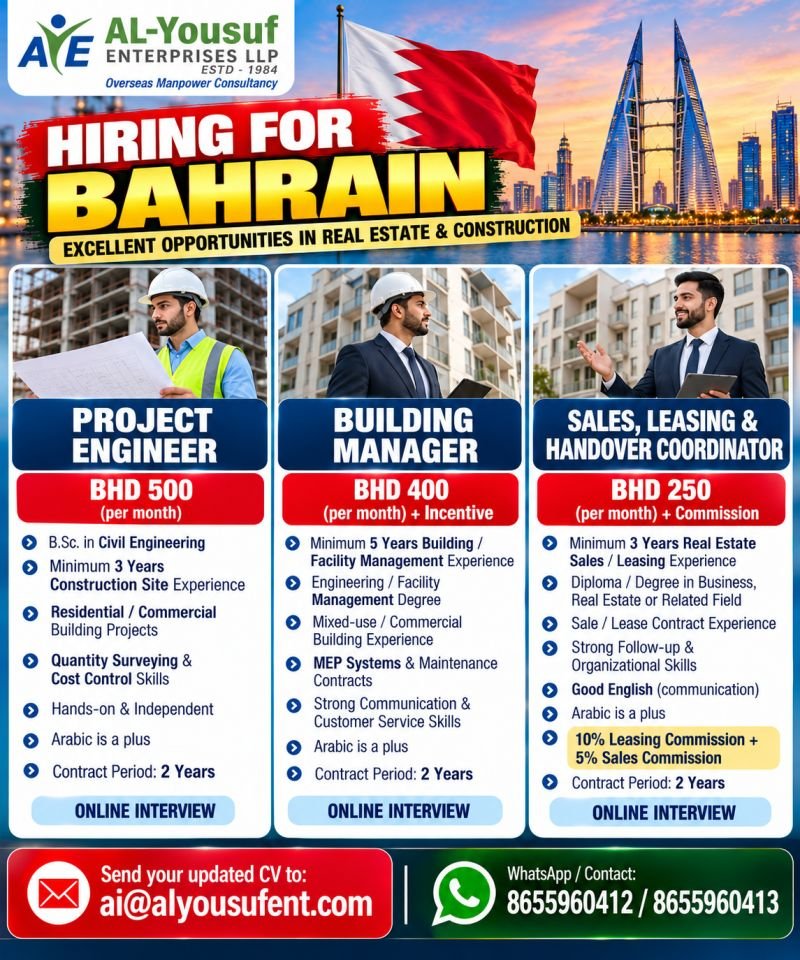 Bahrain Jobs 2026: Real Estate and Construction Vacancies for Engineers, Managers and Coordinators