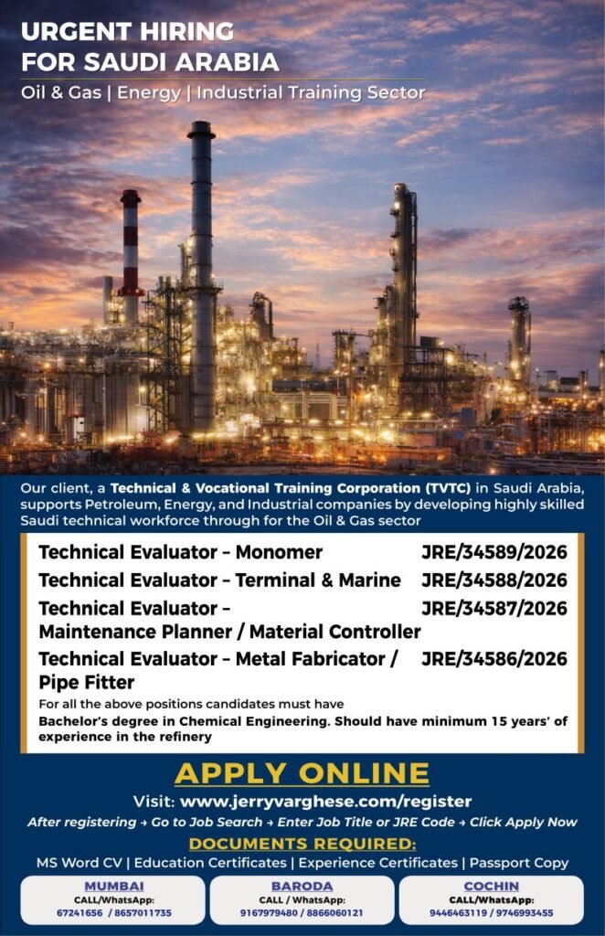 Urgent Hiring for a Technical & Vocational training corporation in Saudi Arabia