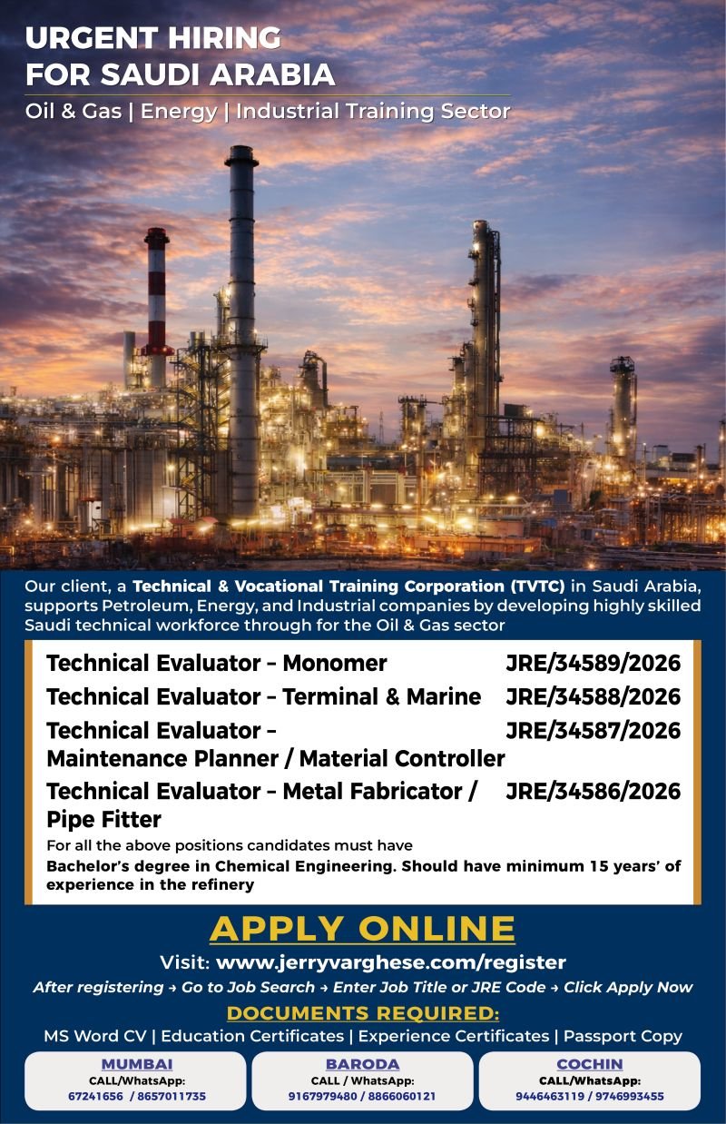 Urgent Hiring for a Technical & Vocational training corporation in Saudi Arabia
