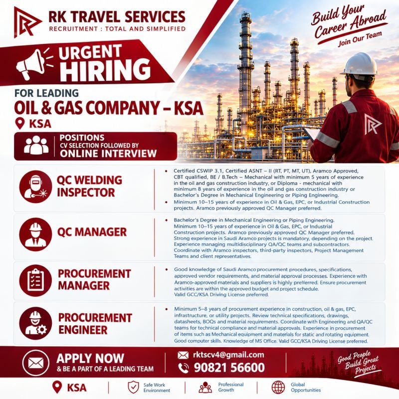 Urgent Hiring for a leading Oil & Gas company in Saudi Arabia