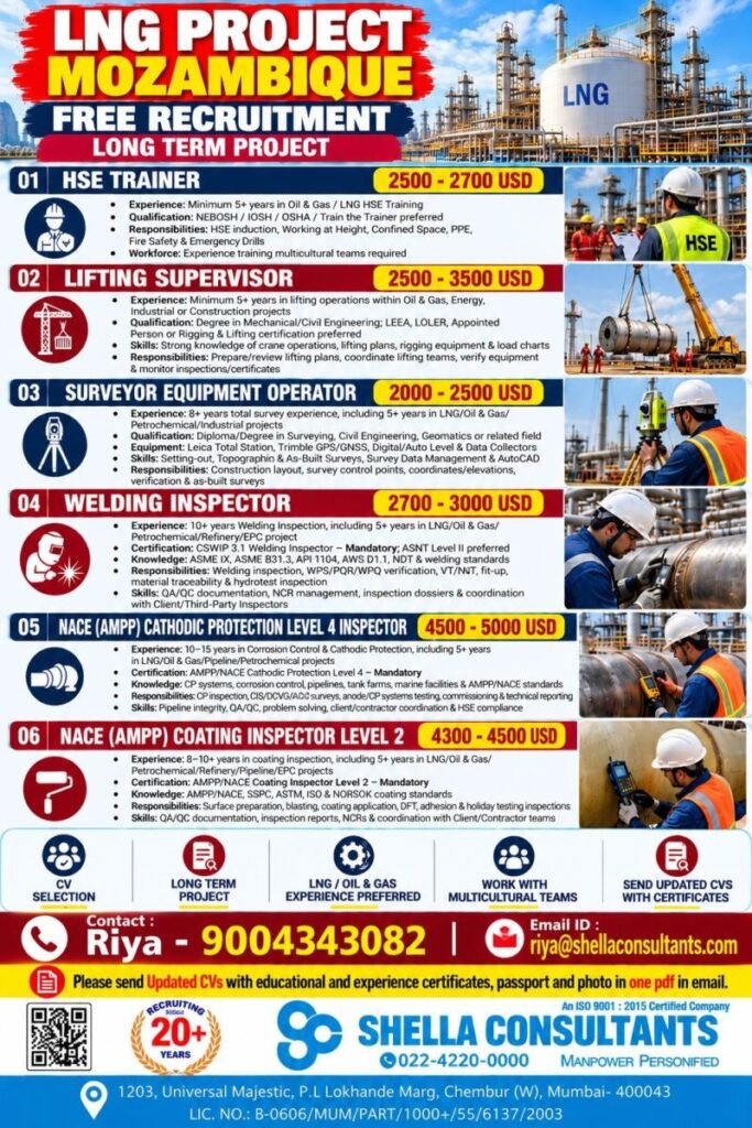 Jobs in Mozambique : Hiring For LNG / Oil & Gas sector Jobs in Mozambique : Hiring For LNG / Oil & Gas sector