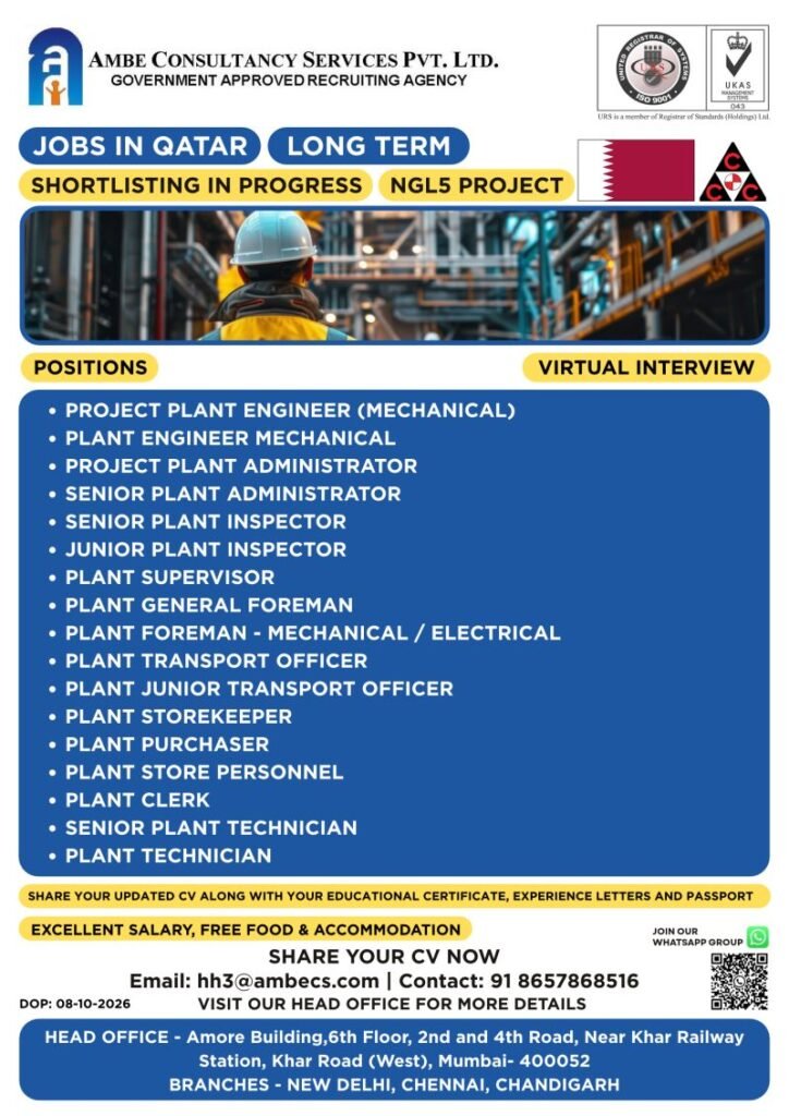 CCC Qatar Jobs : Hiring for multiple Plant & PMV positions for a major long-term project
