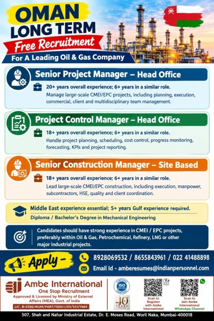 hiring experienced professionals for CMEI / EPC Projects in Oman